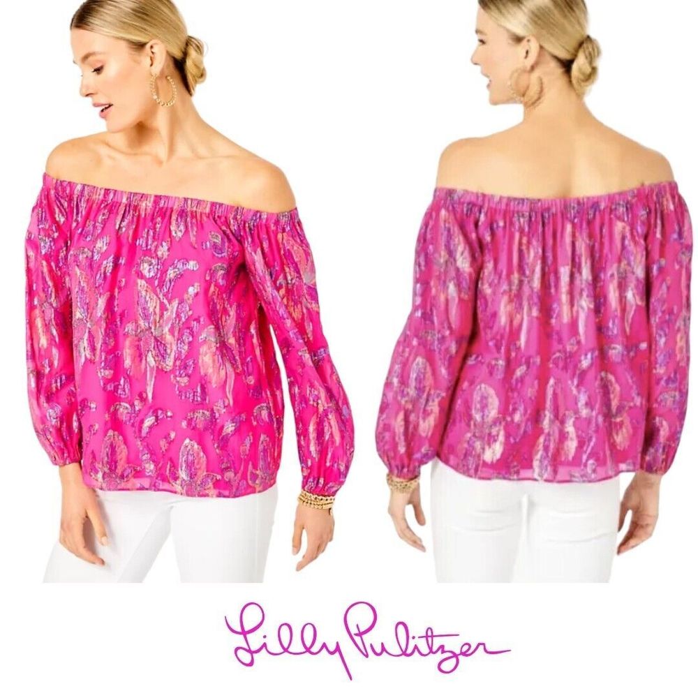 Lilly Pulitzer Emilee Off-the-Shoulder Acai Berry Rainbow Floral Silk Top $188
